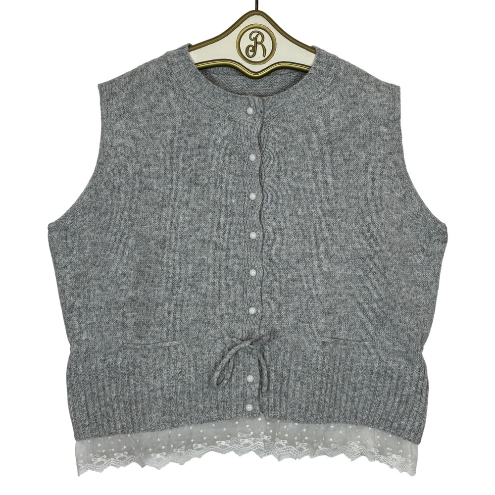 Coquette Gray Knit Sweater Vest LARGE Lace Hem Coquette Soft Girl Layering